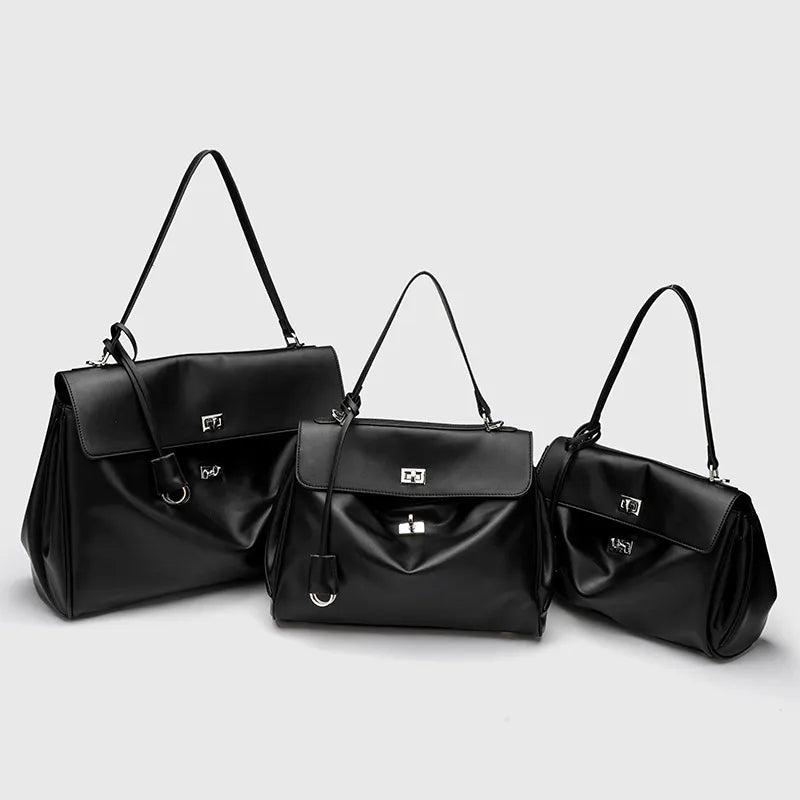 Smooth Calfskin Leather Single-Shoulder Tote Bag with Lock Buckle | Convertible Commuter Handbag